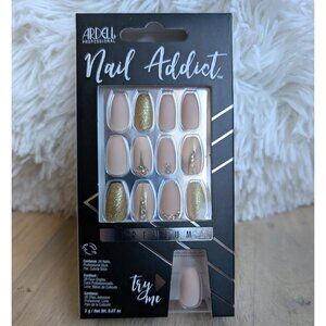 Ardell Nail Addict Premium Press-On Nails – Nude & Gold Glitter with Rhinestones